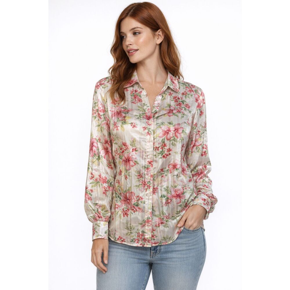 Floral Satin Blouse | Pleated Button Down | Long Sleeve XL
